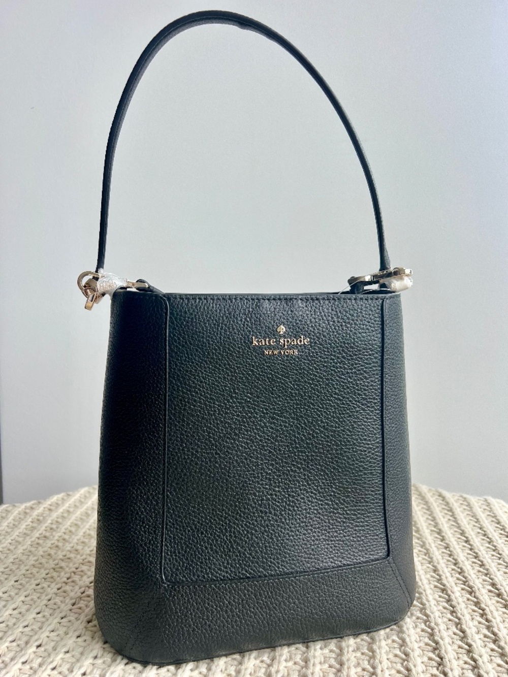 Kate Spade Lena Black Pebbled Leather Bucket Bag Top Handle Crossbody NWT